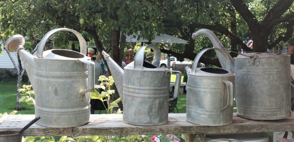 watering cans line up to help with garden work