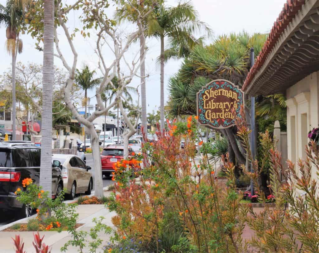 Sherman Gardens entrance in the busy confusion of the Pacific Coast Highway