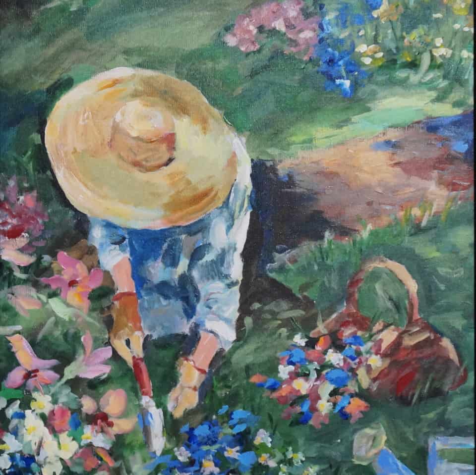 Patty Dale painting of gardener in flowers