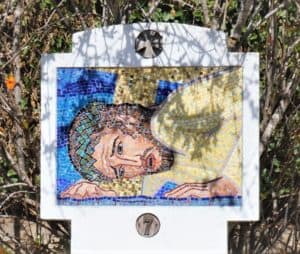 Hope in Christ, the one who bears our sufferings mosaic portrait of the Savior from Stations of the Cross #7 Santa Barbara Old Mission