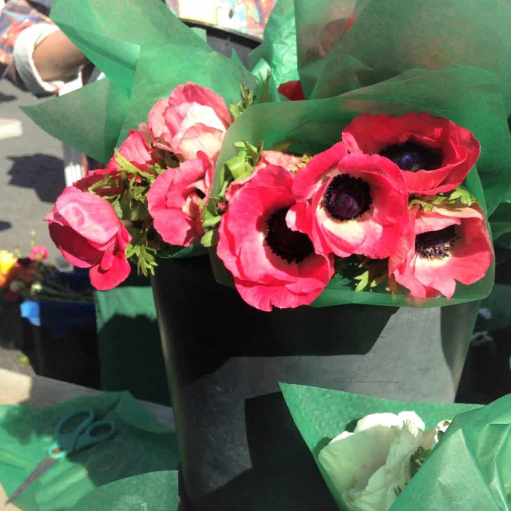 red crown anemone bouquets at a spring farmers market