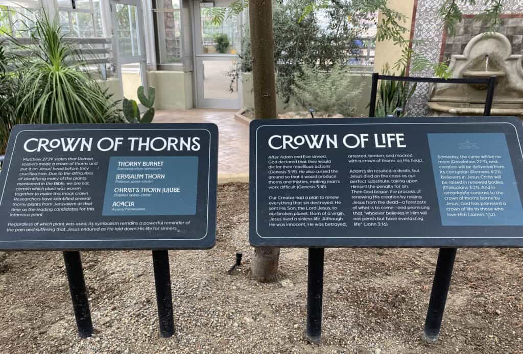detail of the crown of thorns signage at Plants of the Bible Conservatory
