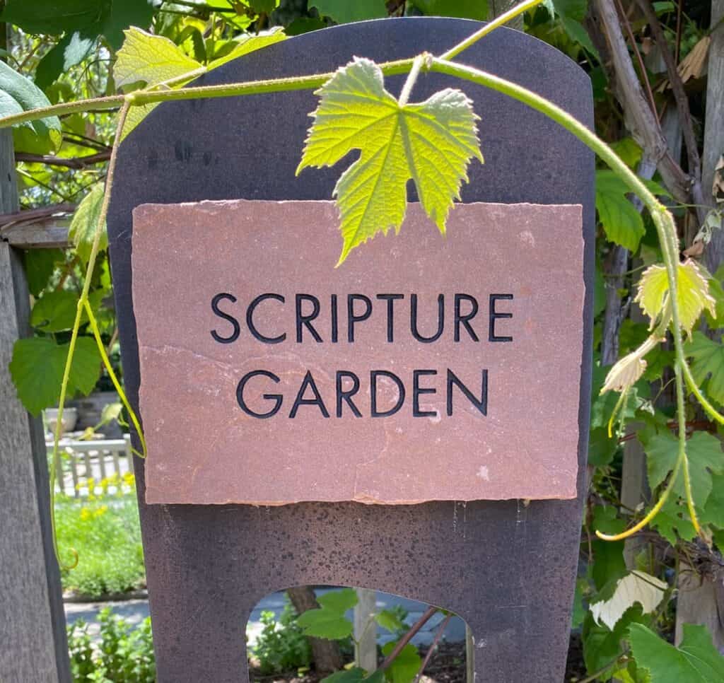 Scripture Garden sign at the entrance to Denver Botanic Gardens Bible gardens feature
