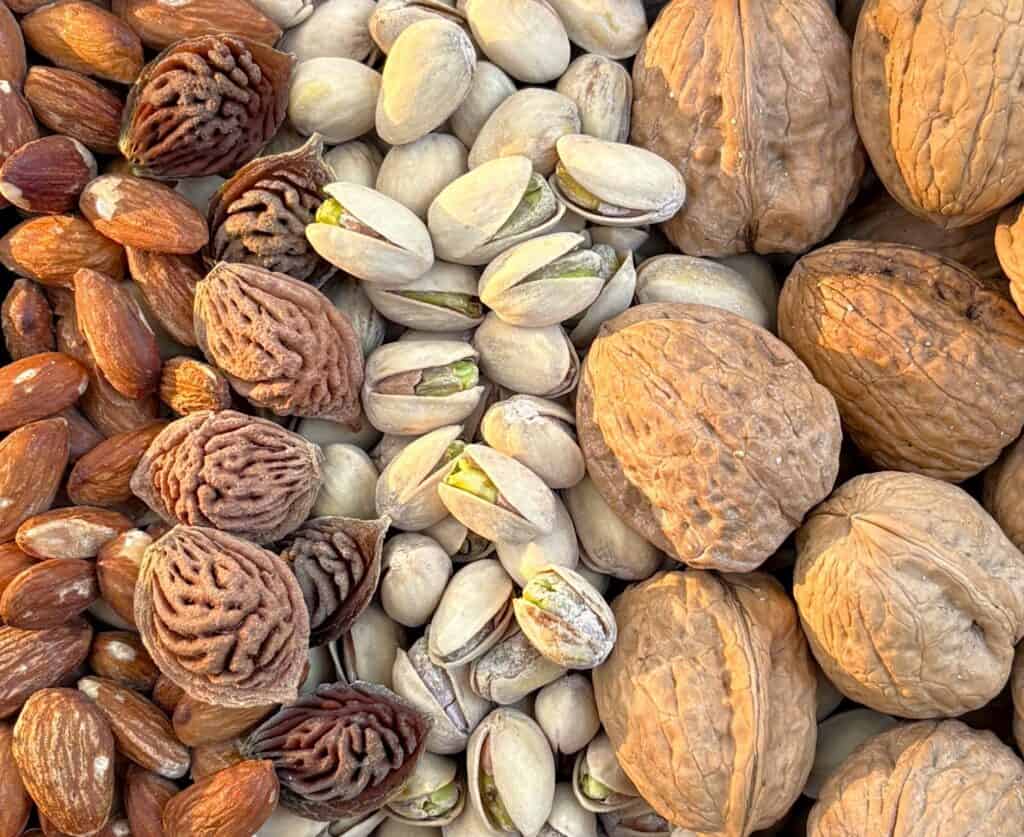 nuts in the Bible in their shells, almonds, pistachios, and walnuts